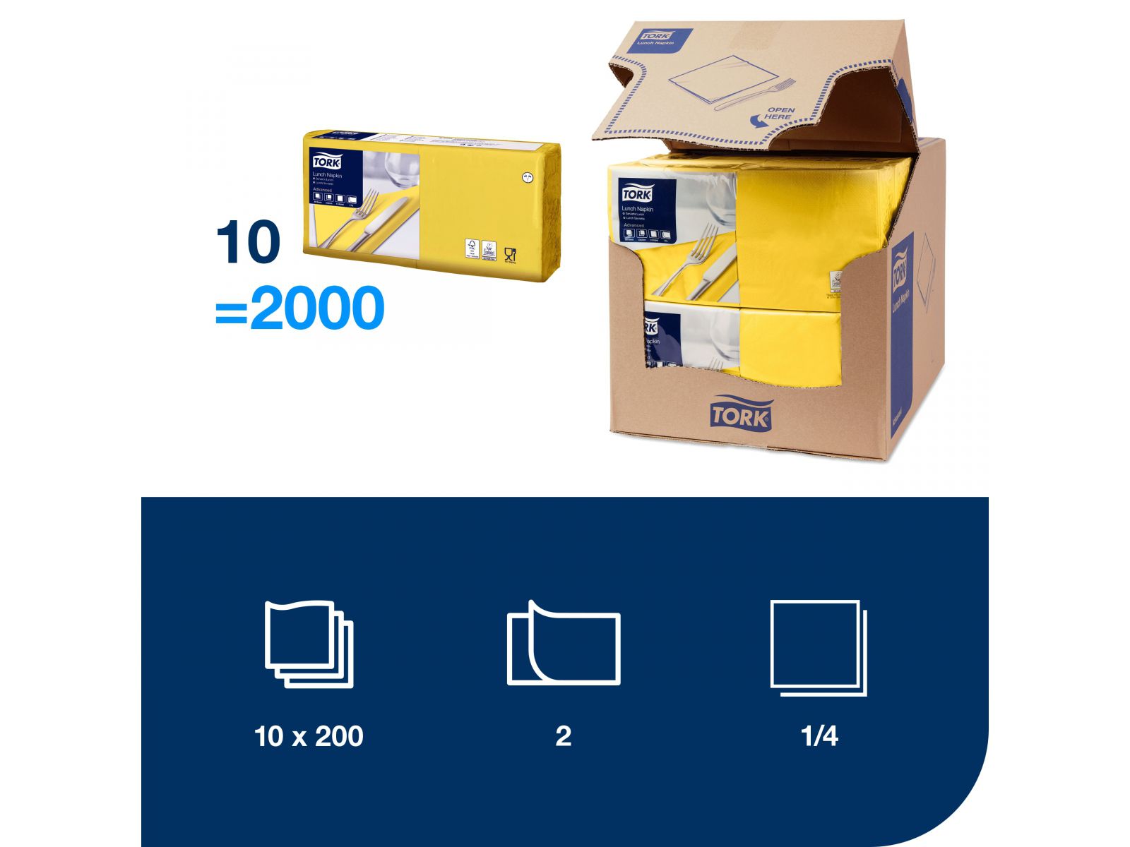 Serwetki Tork 33x33 477841 Ż&oacute;łta Karton 2000 serwetek (10 x 200) Składana 1/4